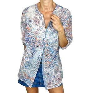 BRAX 100% cotton gauzy blue white floral paisley print long sleeve top blouse 44